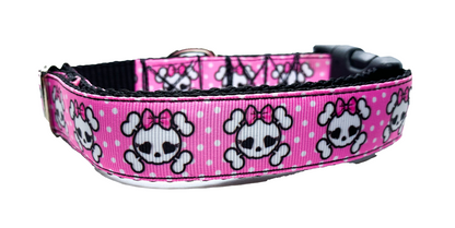 Pink Bow Skull Dog Collar, Adjustable