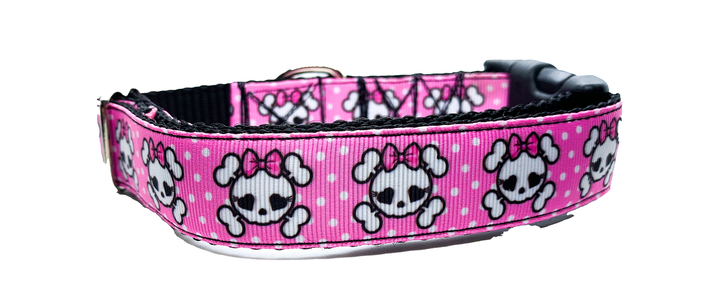 Pink Bow Skull Dog Collar, Adjustable